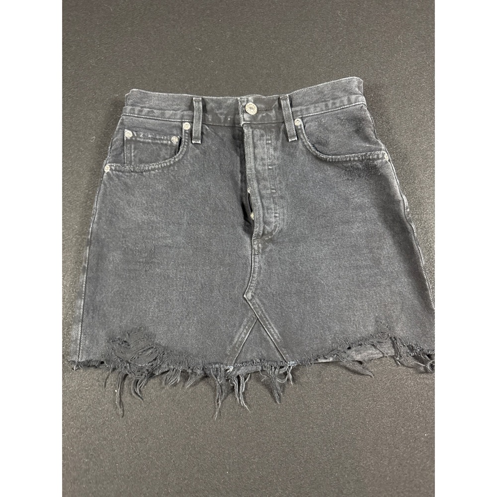 AGOLDE Black Distressed Denim Mini Skirt High Rise Frayed Hem Size 24
